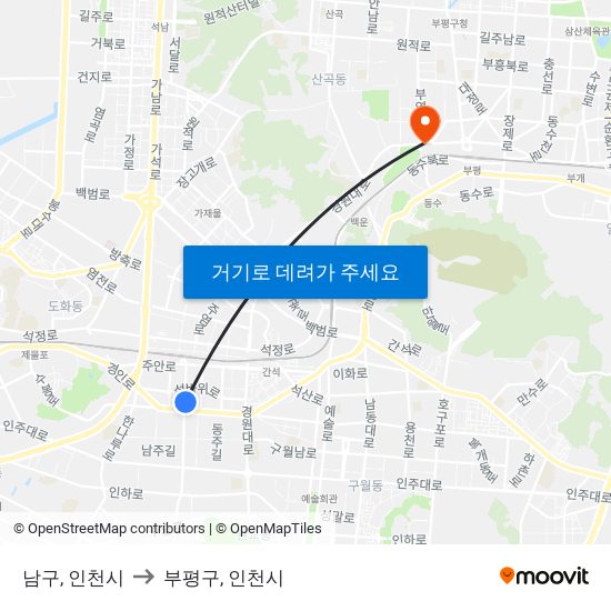 남구, 인천시 to 부평구, 인천시 map