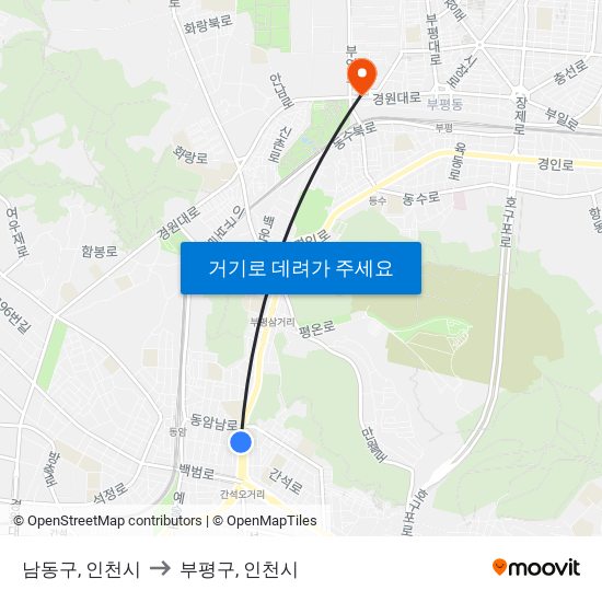 남동구, 인천시 to 부평구, 인천시 map