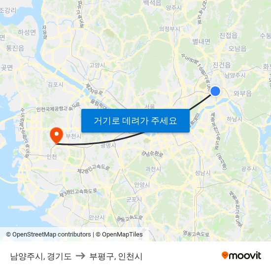 남양주시, 경기도 to 부평구, 인천시 map