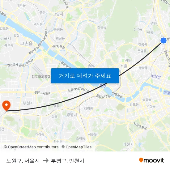노원구, 서울시 to 부평구, 인천시 map
