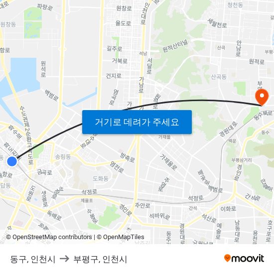 동구, 인천시 to 부평구, 인천시 map