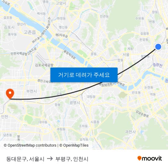 동대문구, 서울시 to 부평구, 인천시 map