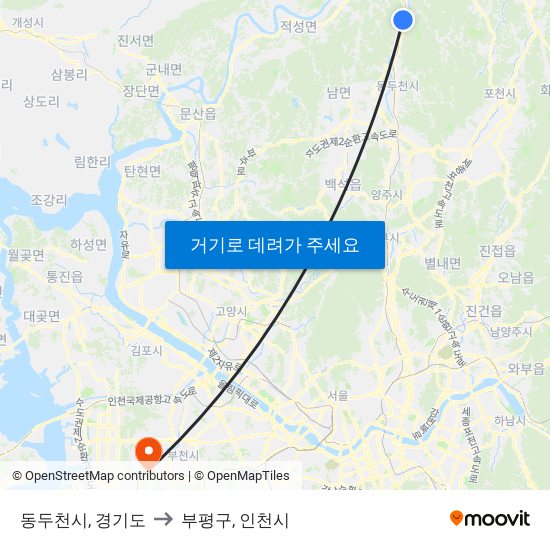 동두천시, 경기도 to 부평구, 인천시 map