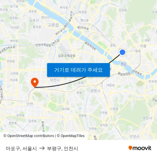 마포구, 서울시 to 부평구, 인천시 map