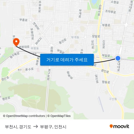 부천시, 경기도 to 부평구, 인천시 map