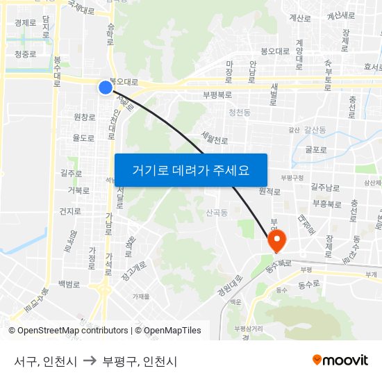 서구, 인천시 to 부평구, 인천시 map