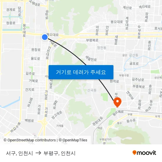 서구, 인천시 to 부평구, 인천시 map