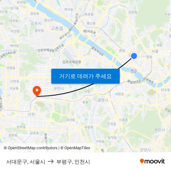 서대문구, 서울시 to 부평구, 인천시 map