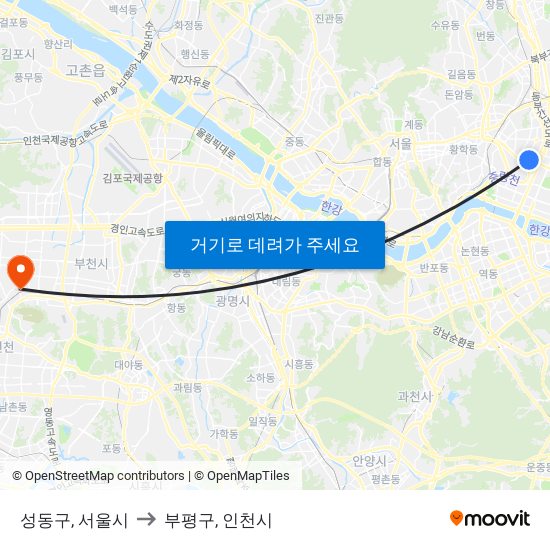 성동구, 서울시 to 부평구, 인천시 map