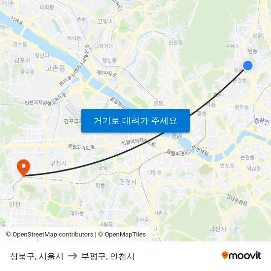 성북구, 서울시 to 부평구, 인천시 map