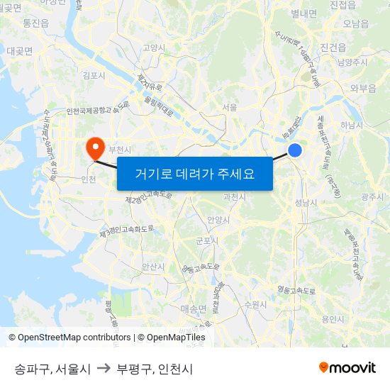 송파구, 서울시 to 부평구, 인천시 map