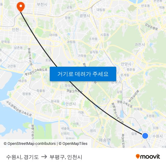 수원시, 경기도 to 부평구, 인천시 map