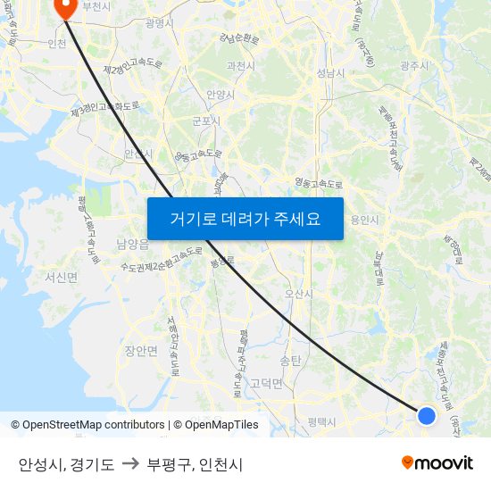 안성시, 경기도 to 부평구, 인천시 map