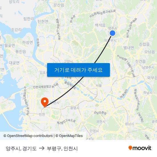 양주시, 경기도 to 부평구, 인천시 map