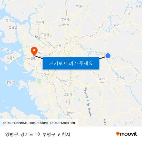 양평군, 경기도 to 부평구, 인천시 map