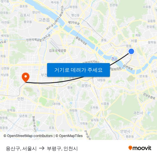 용산구, 서울시 to 부평구, 인천시 map