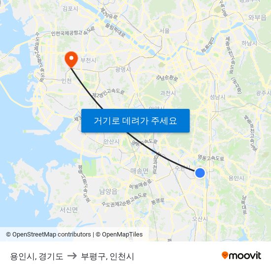 용인시, 경기도 to 부평구, 인천시 map