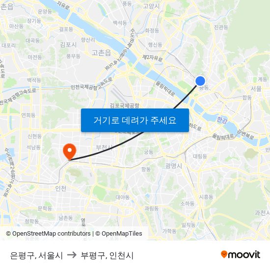 은평구, 서울시 to 부평구, 인천시 map