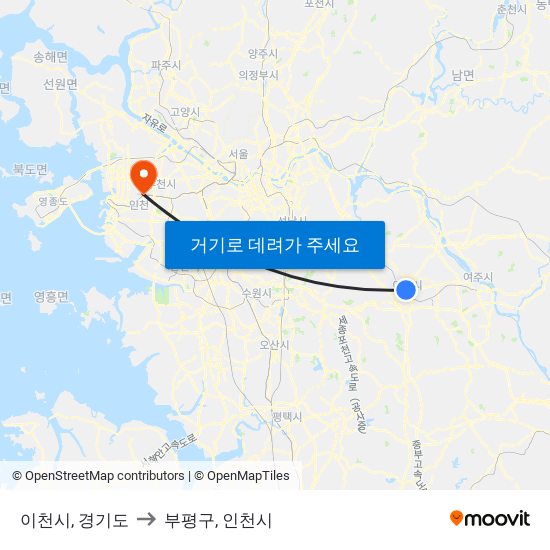 이천시, 경기도 to 부평구, 인천시 map