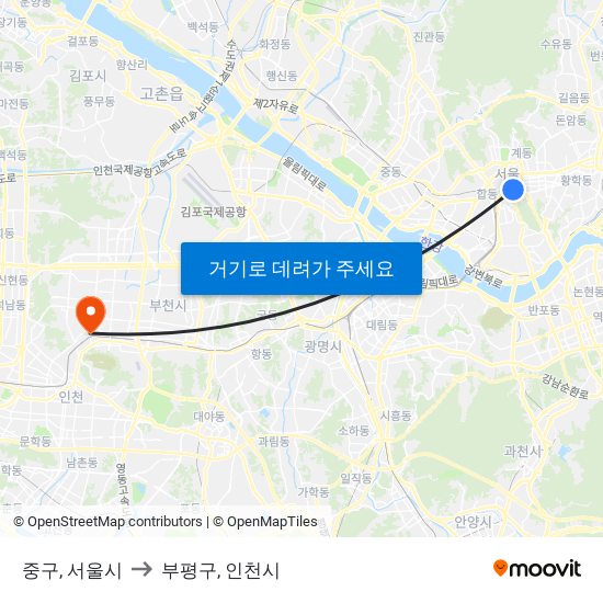 중구, 서울시 to 부평구, 인천시 map