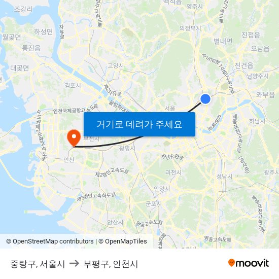 중랑구, 서울시 to 부평구, 인천시 map