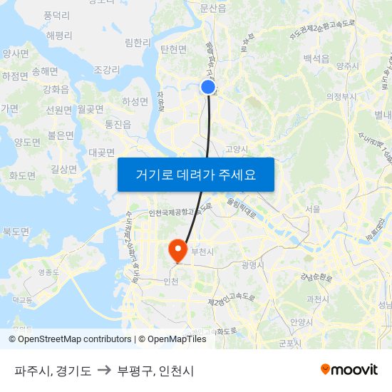 파주시, 경기도 to 부평구, 인천시 map