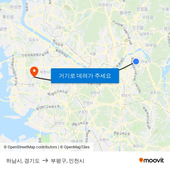 하남시, 경기도 to 부평구, 인천시 map