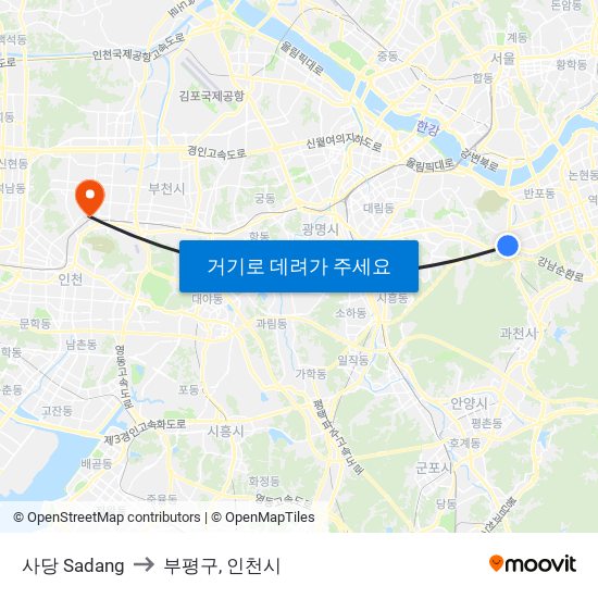 사당 Sadang to 부평구, 인천시 map