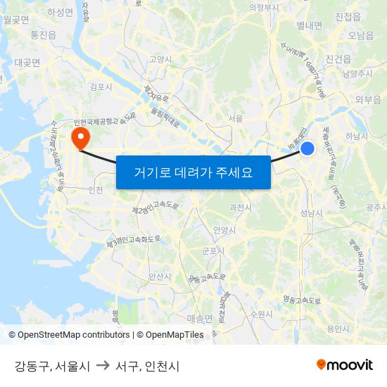 강동구, 서울시 to 서구, 인천시 map