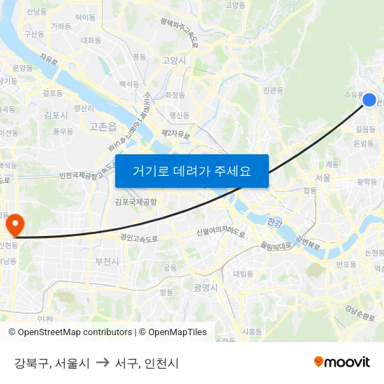 강북구, 서울시 to 서구, 인천시 map