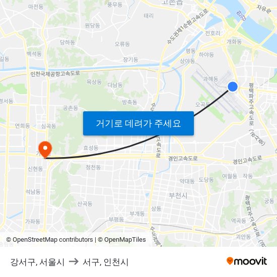 강서구, 서울시 to 서구, 인천시 map