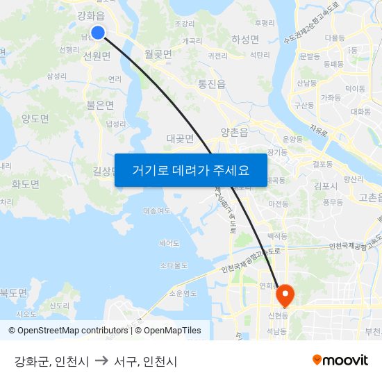 강화군, 인천시 to 서구, 인천시 map