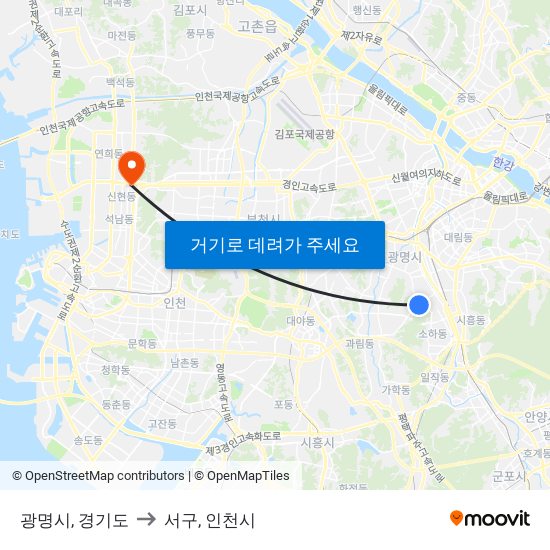 광명시, 경기도 to 서구, 인천시 map