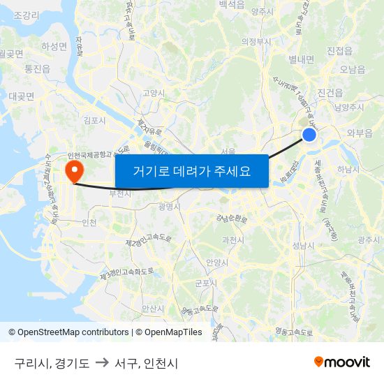 구리시, 경기도 to 서구, 인천시 map