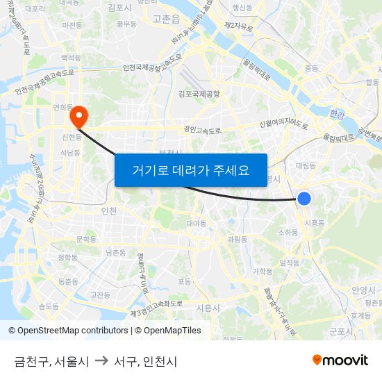 금천구, 서울시 to 서구, 인천시 map