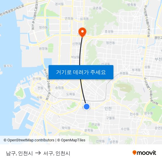 남구, 인천시 to 서구, 인천시 map