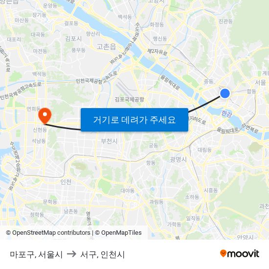 마포구, 서울시 to 서구, 인천시 map