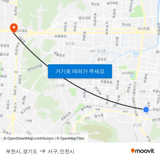 부천시, 경기도 to 서구, 인천시 map