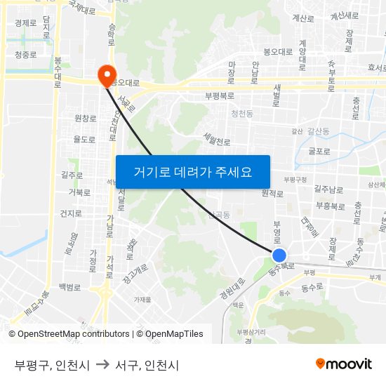 부평구, 인천시 to 서구, 인천시 map