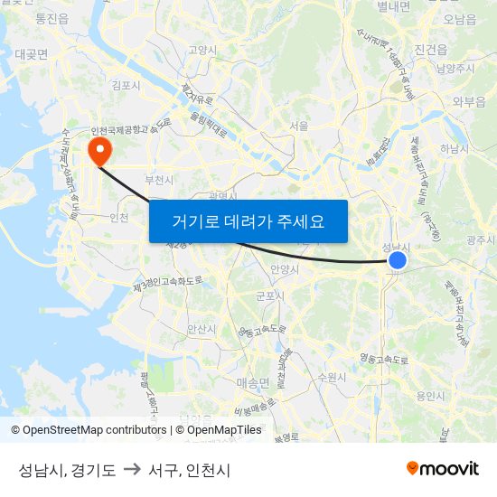 성남시, 경기도 to 서구, 인천시 map