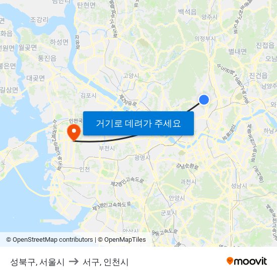 성북구, 서울시 to 서구, 인천시 map