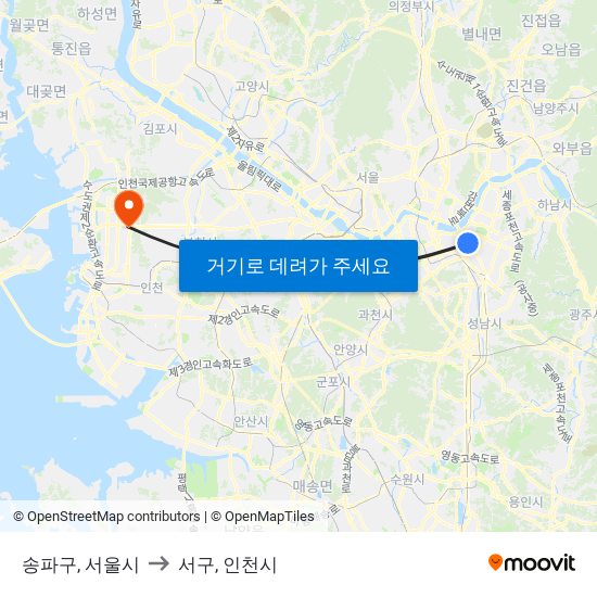 송파구, 서울시 to 서구, 인천시 map