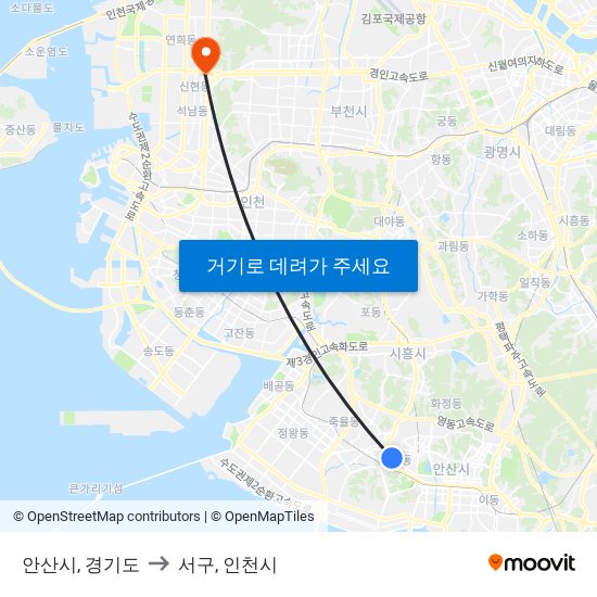 안산시, 경기도 to 서구, 인천시 map