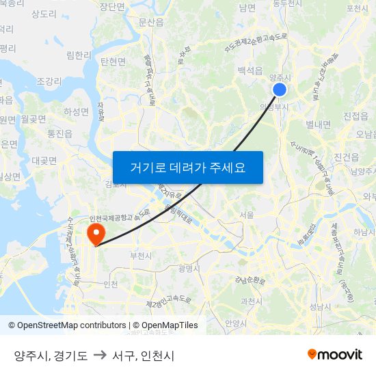 양주시, 경기도 to 서구, 인천시 map