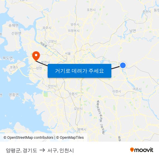 양평군, 경기도 to 서구, 인천시 map