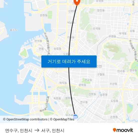 연수구, 인천시 to 서구, 인천시 map