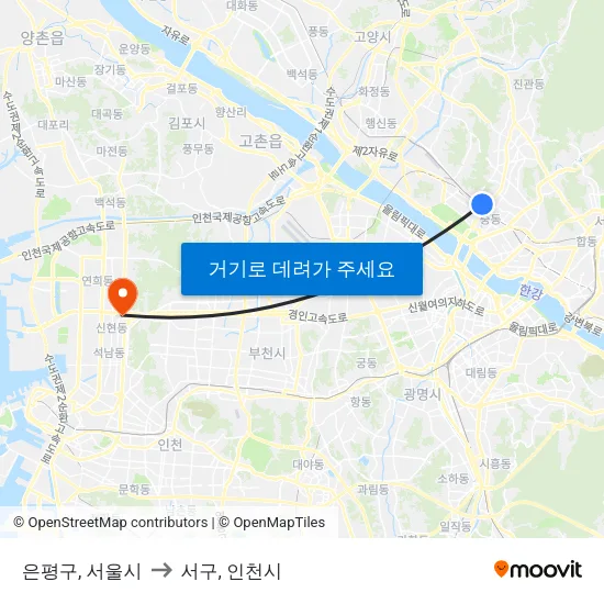 은평구, 서울시 to 서구, 인천시 map