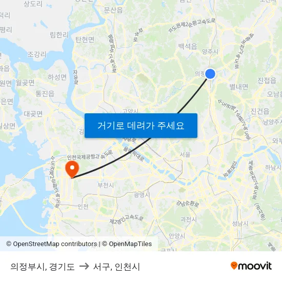 의정부시, 경기도 to 서구, 인천시 map