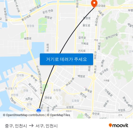 중구, 인천시 to 서구, 인천시 map