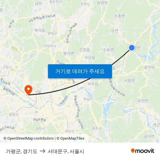 가평군, 경기도 to 서대문구, 서울시 map